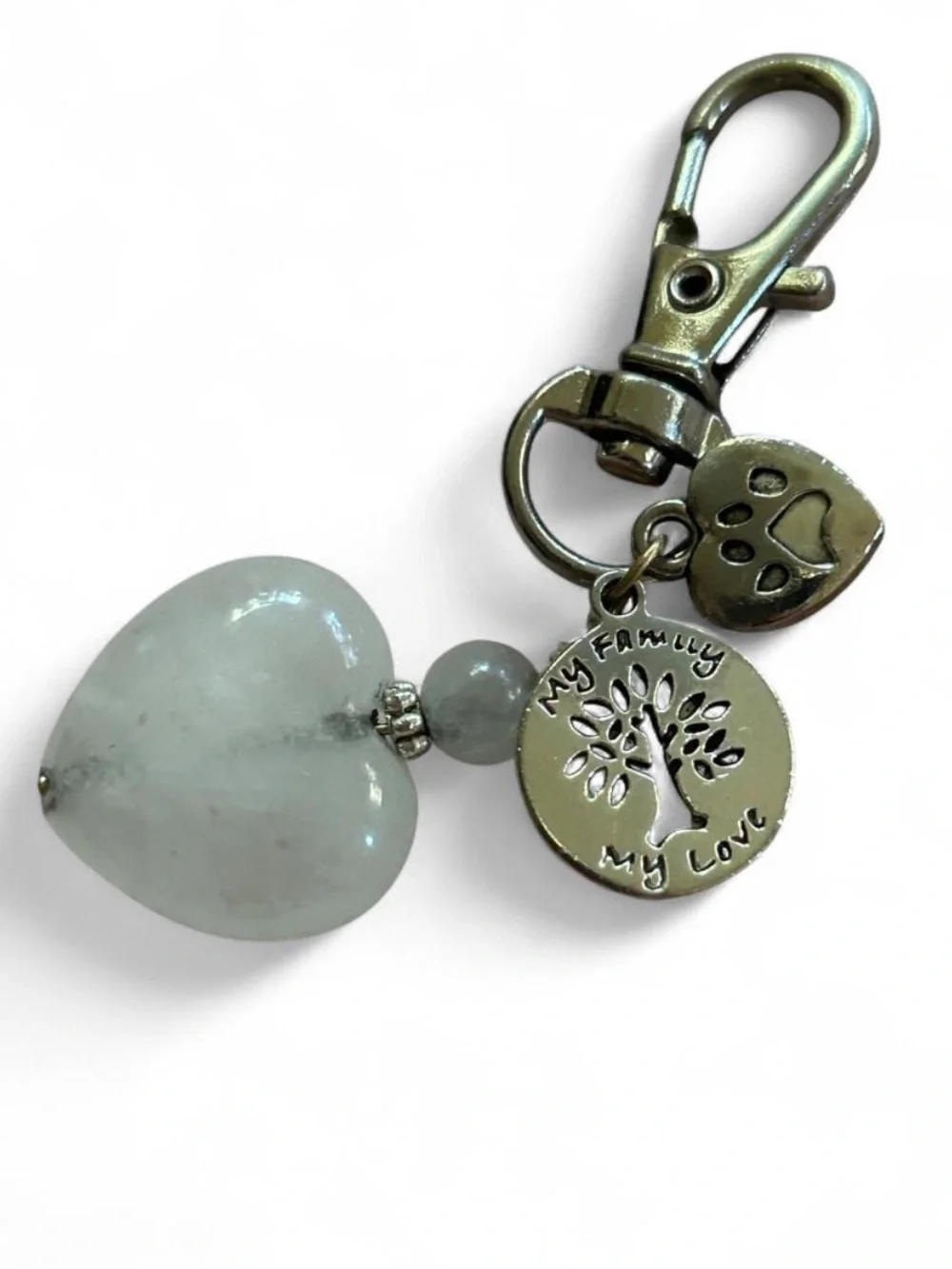Pale Green Heart Keychain Charm with “My Love.. Dog & Family”